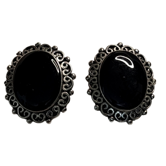 Vintage Black Glass Cabochon Clip-On Earrings Ornate Silver  Filigree Victorian - Picture 1 of 12